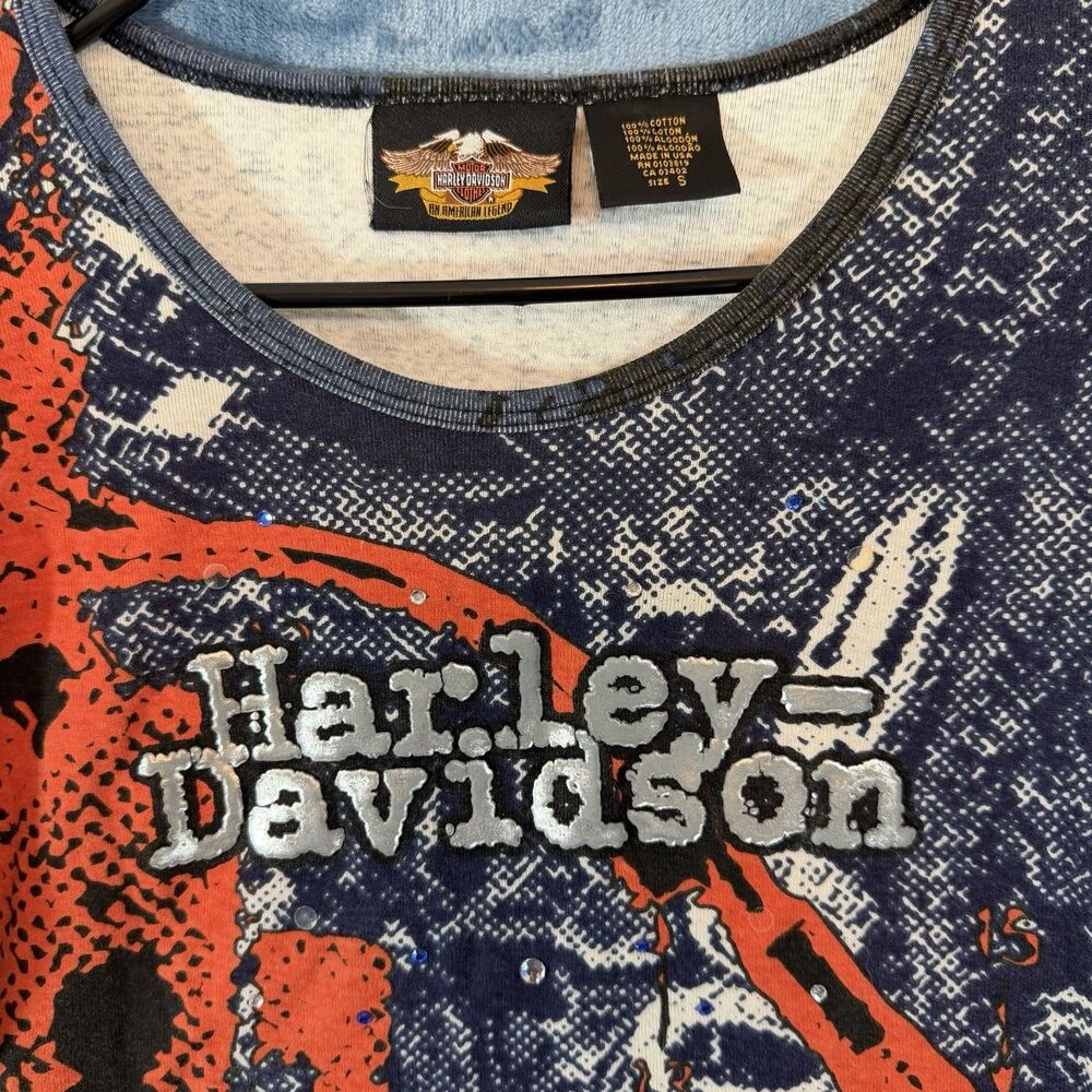 Harley Davidson Womens Y2K Screamin Eagle Rhinestone Graphic Shirt Top Orange S